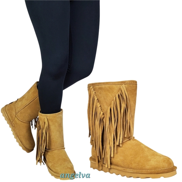 New Bearpaw Cherilyn suede fringe winter boots iced coffee wool blend fur pull - Picture 3 of 16